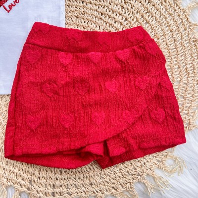 Conj. Blusa Coração Love Paetê e Short Anarruga - Branco e Vermelho